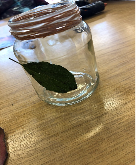 jar with leaves glued on
